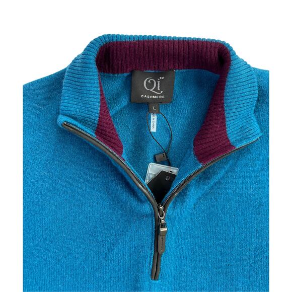 1-33 QI CASHMERE Men's Sweater Zip-Henley Teal 100% Cashmere Large - Picture 5 of 16